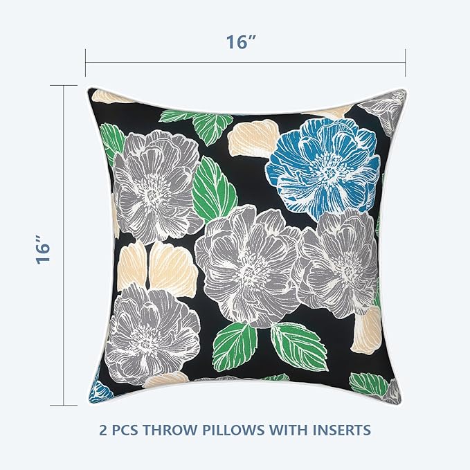 LVTXIII Outdoor/Indoor Throw Pillows, Decorative Patio Accent Pillows, Fluffy Water Repellent Garden Cushions for Home Patio Coach Sofa Use, 16×16 Inch, Pack of 2, Peony Garden