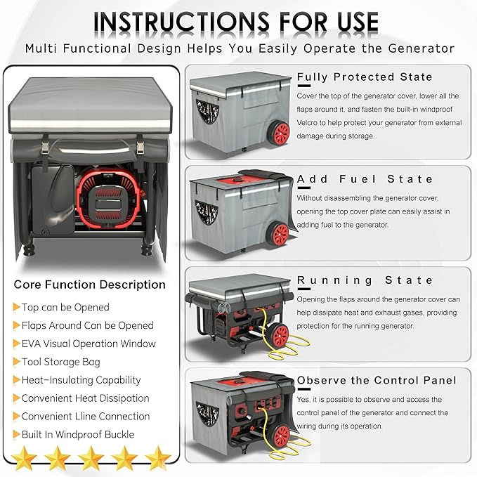 Generator Covers, Generator Covers While Running, Top Can Be Opened for Refueling, 600D Silver Coated Oxford Waterproof Cloth+200D Flexible Fabric Inner Lining, Double Layer Material