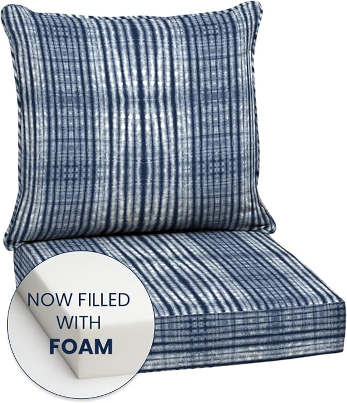 Arden Outdoor Foam Deep Seat Cushion Set, 24x24, Premium High-Density Foam, Never Flattens, Weather-Proof for Patio Chair Sofa Couch, Blue Shibori Stripe