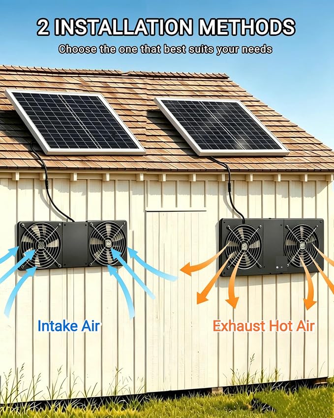 40W Solar Powered Fan with 18000mAh Battery & Timer, Usable At Night | 5" Double-Head Solar Exhaust Fan, Quiet Waterproof High Airflow, for Chicken Coop, Outdoor,Greenhouse,Sheds,Pet Houses
