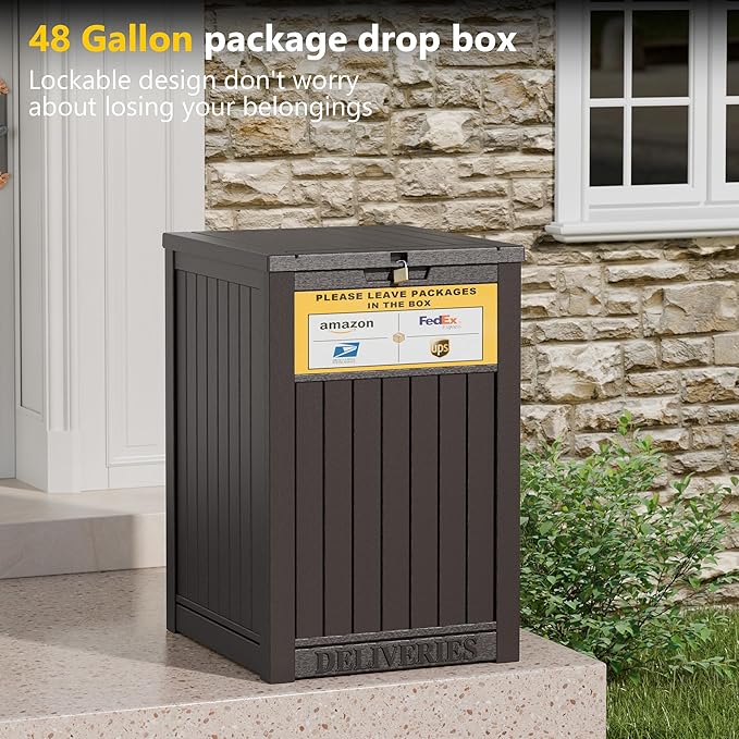 LHBGO Package Delivery Box for Outside with Sign, 48 Gallon Storage with Lockable Secure, Large Double Wall Resin Outdoor Package Delivery Waterproof