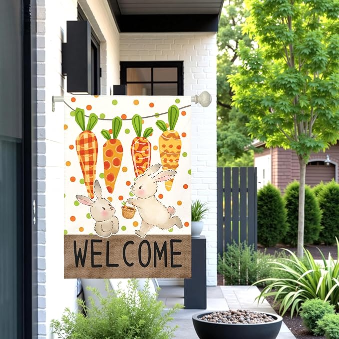 Large Easter Garden Flag 28x40 Inch Double Sided Welcome Bunny and Carrot Yard Flags Spring Outdoor Porch Decorations Farmhouse Easter Bunny House Banners for Lawn Patio Garden and Home Decor
