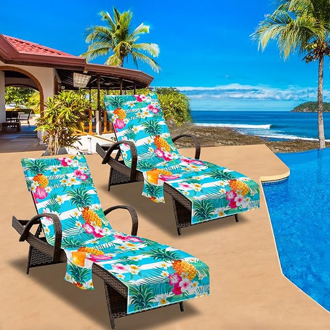 Lounge Chair Towel Cover, Beach Chair Cover (Pack of 2), Pool Lounge Chair Covers for Outdoor,Garden, Beach,Sun Lounger,Hotel Pool,Large Size and No Sliding, 85" X 30", Pineapple