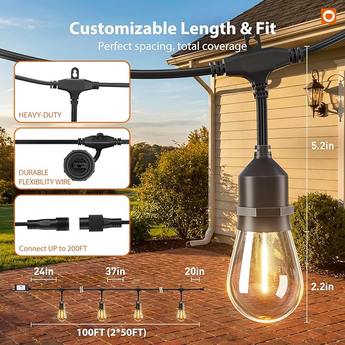 addlon 100FT Outdoor String Lights LED with Remote Dimmable Patio Lights Waterproof Shatterproof with 50 Edison Bulbs for Outside Backyard Porch Garden Bistro Pergola Party Decor, Warm Lighting