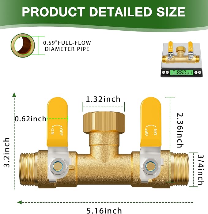 Hose Splitter 2 Way, Heavy Duty Brass Garden Hose Splitter | 0.59" Full Flow Ball Valve Outlet, Shut-Off Valve, 3/4" GHT Thread Water Hose Connector For Outdoor Spigot Faucet (Yellow)