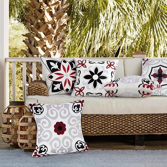 Pyonic Black White Gray Outdoor Pillows Waterproof Throw Pillow Covers Set of 4 Floral Printed and Boho Farmhouse Outdoor Pillow Covers for Patio Funiture Garden 18x18 Inch