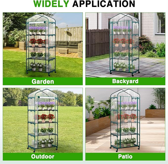 Yesker Mini Greenhouse 27"x20"x63" Portable Indoor /Outdoor Small Green House with 4 Tier 4 Shelves Wheels Transparent PVC Cover Compact Greenhouse Kit for Winter Gardening Balcony Patio Backyard