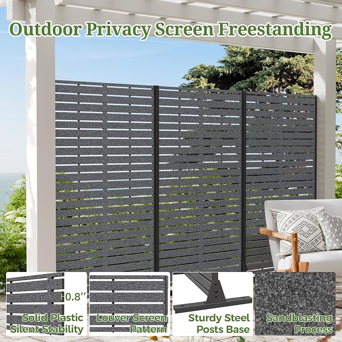 Privacy Screen Outdoor 60" Hx35 W Freestanding Privacy Panel with Stand, HDPE Decorative Privacy Fence with Louver Pattern 5 Panels, Patio Divider Screen, Privacy Screens for Outside,Balcony