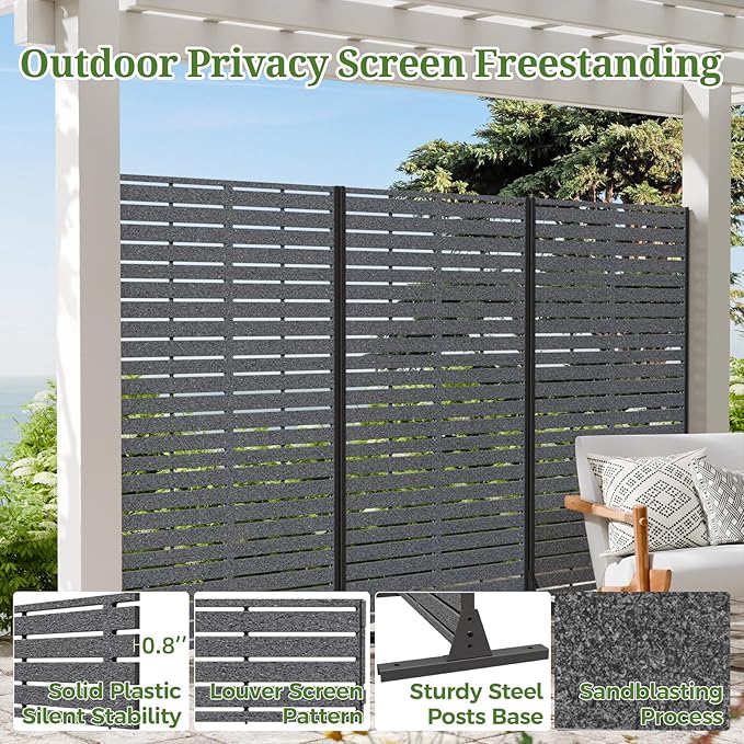 Privacy Screen Outdoor 60" Hx35 W Freestanding Privacy Panel with Stand, HDPE Decorative Privacy Fence with Sandblasting Louver Pattern, Patio Divider Screen, Privacy Screens for Outside