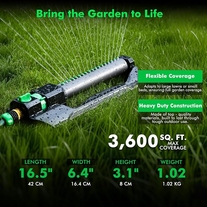 RESTMO Heavy Duty Oscillating Sprinkler with Metal Base, Adjustable Flow Control Lawn Watering System, Covers Up to 3,600 Sq. Ft. for Garden, Yard
