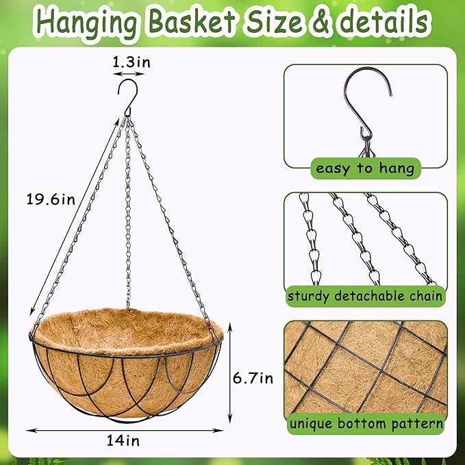 4pcs 14 inch Metal Hanging Baskets Round Wire Plant Stand with Coco Lining Cushion Decorative Planter Hanger Garden Indoor Outdoor Watering Hanging Basket （DQ）