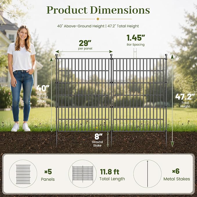 5 Panels No Dig Decorative Outdoor Garden Fence for Yard, 40 in(H) X 11.8 ft(L) Animal Barrier Fencing Rustproof Metal Wire Panel Border for Dog, Rabbits, and Patio Temporary Ground Stakes