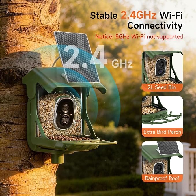 Smart Bird Feeder with Camera - Solar Powered, AI Bird Recognition, 2.4G WiFi 2.5K HD Video Live Stream, Full Color Night Vision, Instant Arrival Alerts, Weatherproof Bird House for Outside