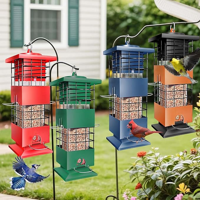 Bird Feeders Squirrel Proof for Outdoors, 3LBS Metal Hanging Bird Feeders, Weight-Activated Perches Anti-Squirrel Birdfeeder for Blue Jay, Cardinal, Outside (Red)