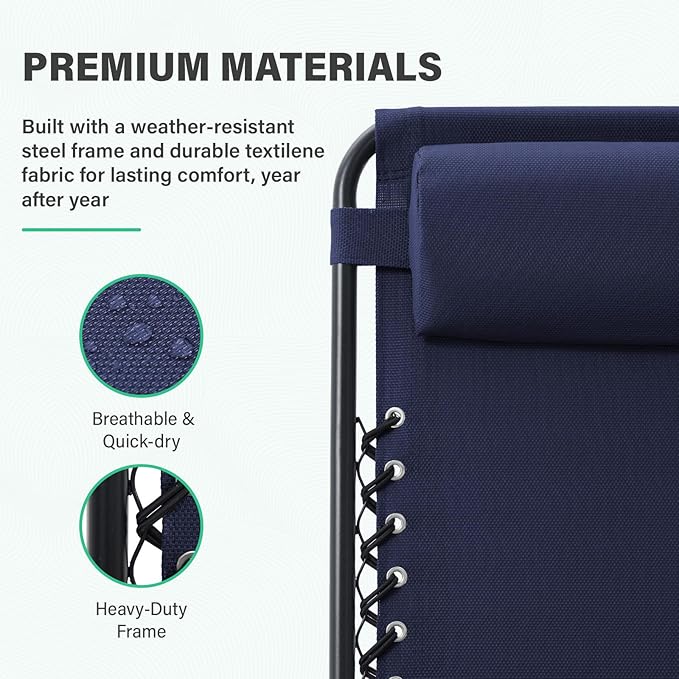 JEAREY Zero Gravity Lounge Chairs Set of 2, Breathable Steel Mesh Lounge Chairs with Head Pillows & Cup Holder Trays, for Patio, Garden, Beach, Purplish Blue