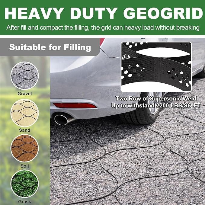 Gravel Grid 3'' Depth with Metal Stakes, 6.6x33 FT Geogrid for Gravel Driveway 2200 lbs per Sq FT Erosion Control Ground Grid Gravel Stabilizer Grid for Driveway, Parking Lot, Slope, Walkway, Patio