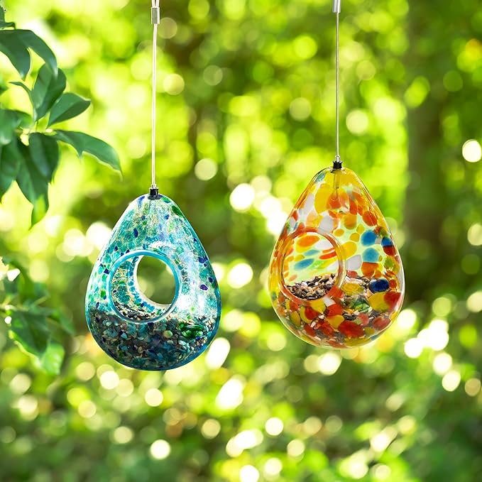 Glitzhome 6.75''H Hanging Glass Birdfeeder,Water Drop Fly Through Wild Bird Feeders for Outdoors,Orange Dots Glass Bird Feeders for Garden, Yard, Backyard, Deck and Porch Decor