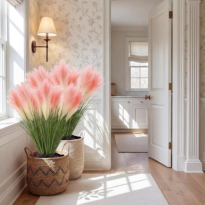 Jexine 15 Pcs Artificial Pampas Grass 31.5" Pink Gradient Faux Pampas Stems with 3 Plumes Each, Fake Plant for Wedding Arch, Aisle Decor, Bridal Shower, Floor Vase Boho Home Decor
