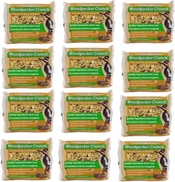 Wildlife Sciences Songbird Treats Seed Bars | 12 Pack of 8 oz Bird Seed Cakes for Wild Birds (Woodpecker Crunch)