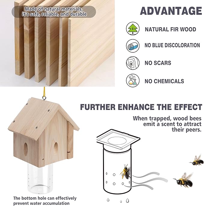 Best Bee Trap - Professional Carpenter Bee Trap for Outside - Cabin Style Nature Hanging Wood Trap for Outdoor with Removable Bee Vault (2 Pack)