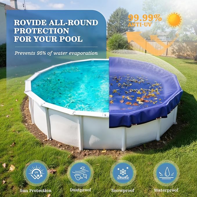 [2026 Upgrade 185GSM] UIRWAY 14FT Pool Cover Heavy-Duty PE Above Ground Round Pool Cover, Metal Buckle, Cold & UV Resistant, Tearproof