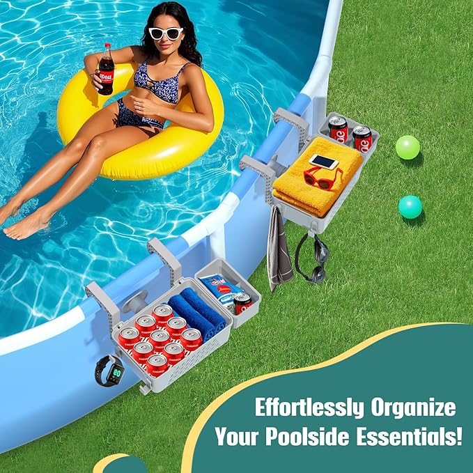 【2026 Upgrade】2-Pack Poolside Storage Basket with Cup Holder, Above Ground Pool Accessories, 3-in-1 Swimming Pool Hanging Storage Baskets to Organize Cups & Towels, Fits 3 Inch or Less Top Rail(Grey)