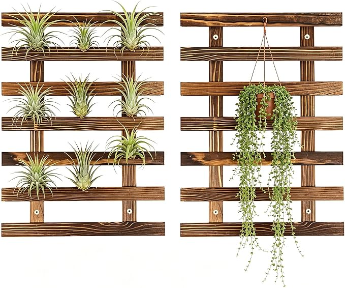 2 Pcs Wall Planter for Indoor Outdoor Plants - Wooden Wall Amounted Plant Holder for Hanging Pots, Vertical Pack Wood Garden Trellis for Climbing Plants Orchid Ivy Vine Rose Patio Home Decor, 15.75"