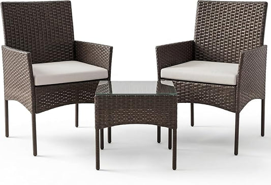 Sweetcrispy 3 Piece Patio Furniture Set, All-Weather Outdoor Wicker Bistro Set with Removable Cushions & Tempered Glass Table, Small Conversation Seating for Porch, Balcony, Deck, Backyard, Brown