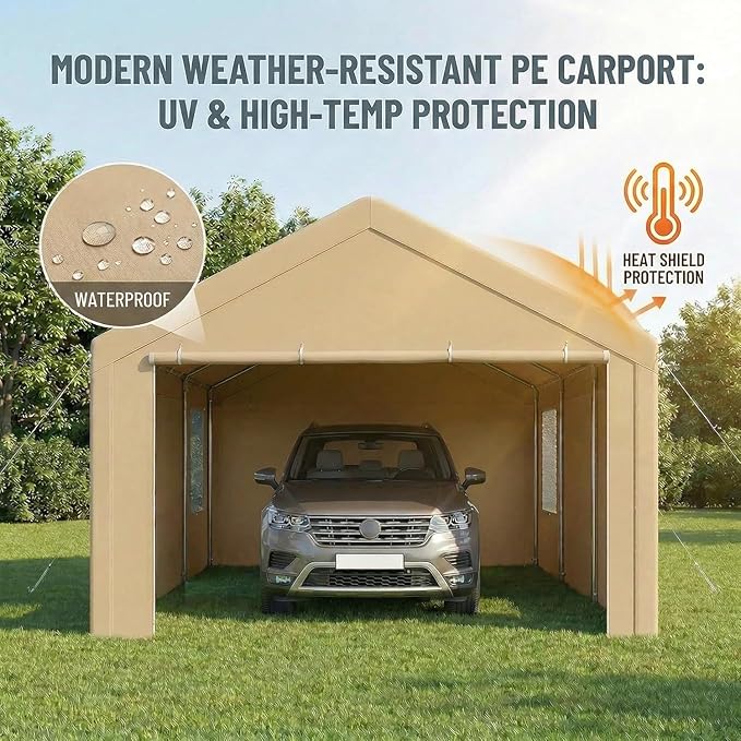 COBIZI 10x20 FT Heavy Duty Carport with Galvanized Frame, Carport Canopy with Roll-up Windows, Storage Tent with Removable Sidewalls & Doors, Built-in Sandbags for Car, Boat, Truck, Khaki