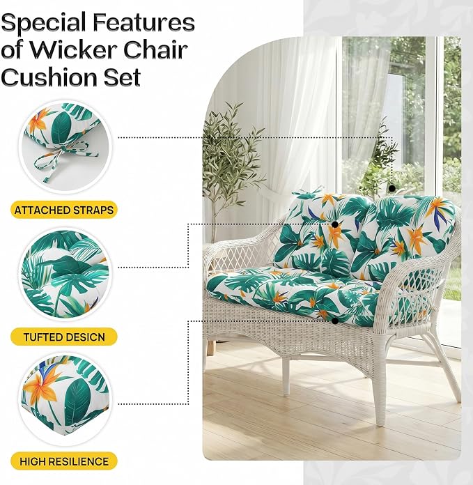 1 MIDDLE ONE Wicker Chair Cushions 3 Pieces Set for Outdoor Furniture, Replacement Patio Wicker Furniture Cushions, 1Pc Loveseat Cushion & 2Pcs Chair Cushions (Tropical Monstera)