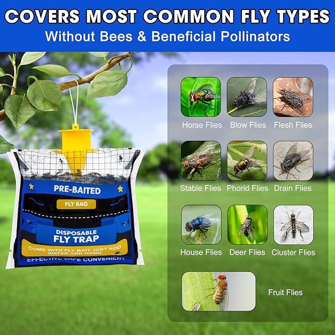 8 Pack Fly Traps Outdoor Hanging for Patio, Outdoor Disposable Hanging Fly Trap with 30g Bait, Bug Fly Hunter Catcher Killer Control for Barn Horse Ranch Chicken Coop