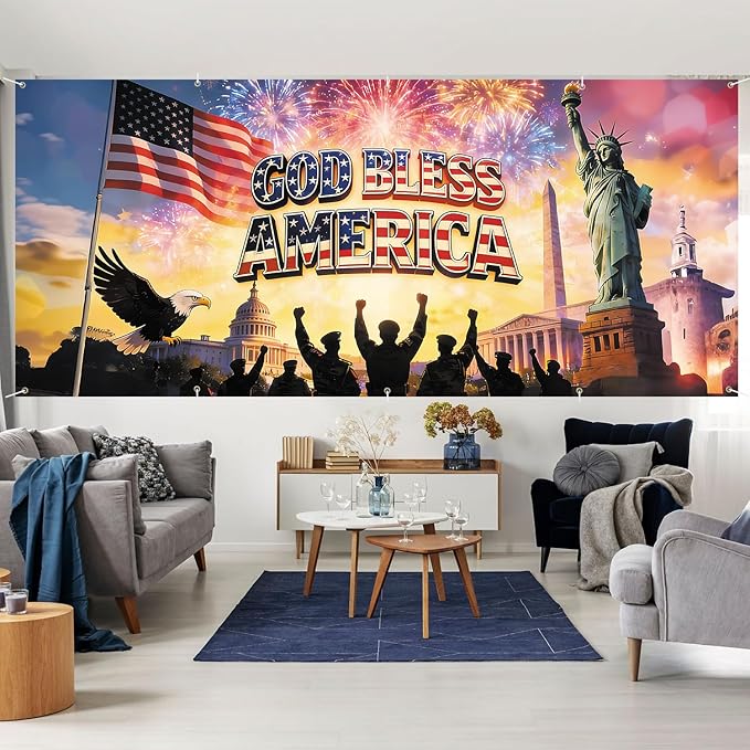 7 * 16FT Eagle flag God Bless The AMERICA Garage Door Cover Decorations Independence Day Garage Door Banner for Outdoor Indoor Patriot Party Photography Backdrop
