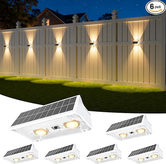 NIORSUN Solar Fence Lights Outdoor, 6 Pack Up and Down Waterproof Solar Wall Lights, Fence Lights with Lens, Warm & Cool White + RGB, Dusk to Dawn Lighting for Patio, Backyard, Pool, Railing (White)