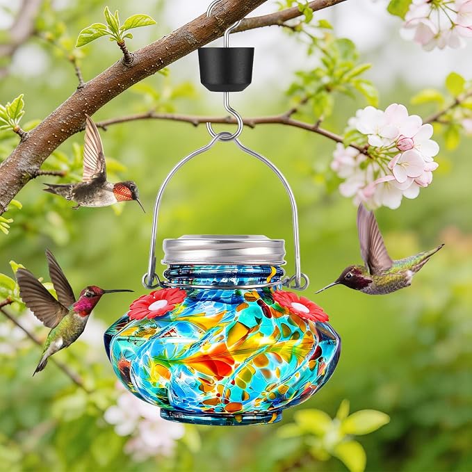 BOLITE Hummingbird Feeders for Outdoors, Hand Blown Top Fill Hummingbird Feeder, Mason Jar with 4 Flower Feed Ports, Easy to Clean, Leak Proof, Bee Proof, Ant Moat, Red&Blue, Gift for Bird Lovers