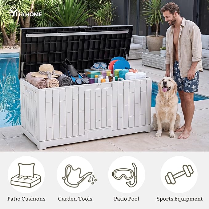 YITAHOME Large Deck Box 120 Gallon Resin Outdoor Storage Box w/Slide-Locking Black Lid, Patio Storage Bin for Outdoor Pillows, Garden Tools and Pool Supplies, Waterproof, Lockable, Grayish-White