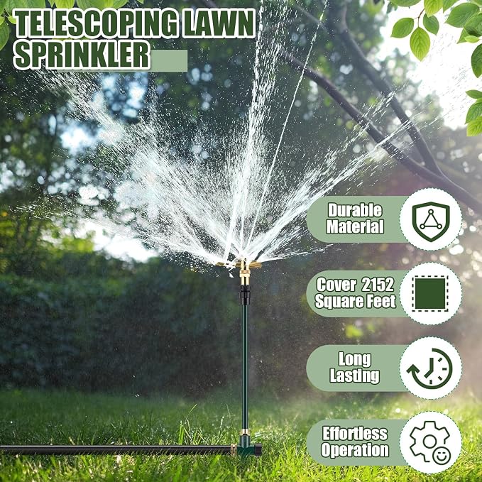 Funnymoom 4 Pack 3-arm Rotating Telescoping Sprinkler 360 Degree Swivel Garden Sprinkler High Rise Lawn with Step Base up to 41.7 Inches for Large Area Coverage (Green)