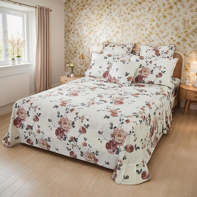 FADFAY Sheets Set Twin XL Shabby Beige Floral Bedding Elegant Peony Sheets Set Vintage Flower Bedding Collections 800 Thread Count 100% Egyptian Cotton Deep Pocket Fitted Sheet, 4Pcs-Twin XL Size