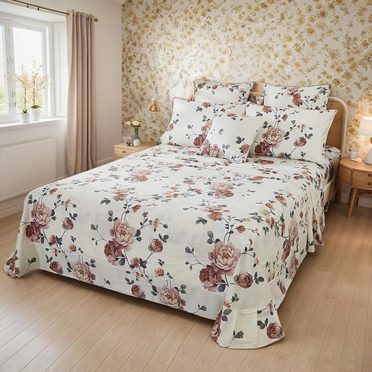 FADFAY Sheets Set Twin XL Shabby Beige Floral Bedding Elegant Peony Sheets Set Vintage Flower Bedding Collections 800 Thread Count 100% Egyptian Cotton Deep Pocket Fitted Sheet, 4Pcs-Twin XL Size