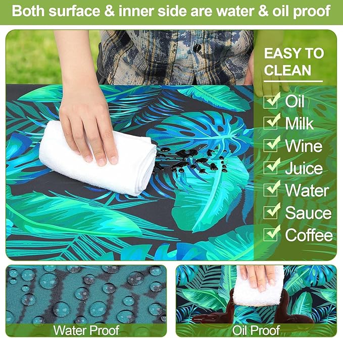 Picnic Table Cover with Bench Covers Camping Essentials Waterproof Windproof Camping Tablecloth with Drawstring Bag, Fitted Rectangle Tables and Seats, 72in, Green Leaf