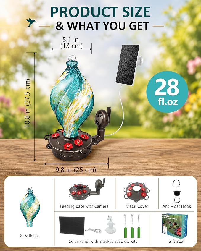LUJII Smart Hummingbird Feeder with Camera for Outdoor Hanging, Hand Blown Glass, Solar WiFi Feeder with Live View App, 6 Feeding Ports, Leak-Resistant Design, Ant Moat & Gift Box, 28 fl oz, Teal