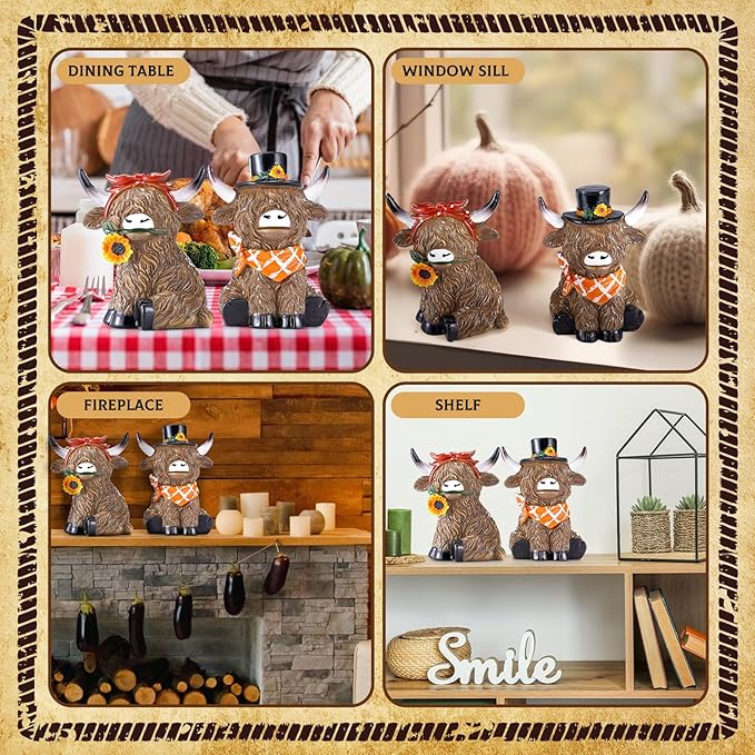 Simgoing 2 Pack Highland Cow Figurines Sunflower Highland Cow Gnomes Statues Decoration for Home Farmhouse Tabletop Centerpieces Calf Lovers Gifts for Garden Tiered Tray Home Decor