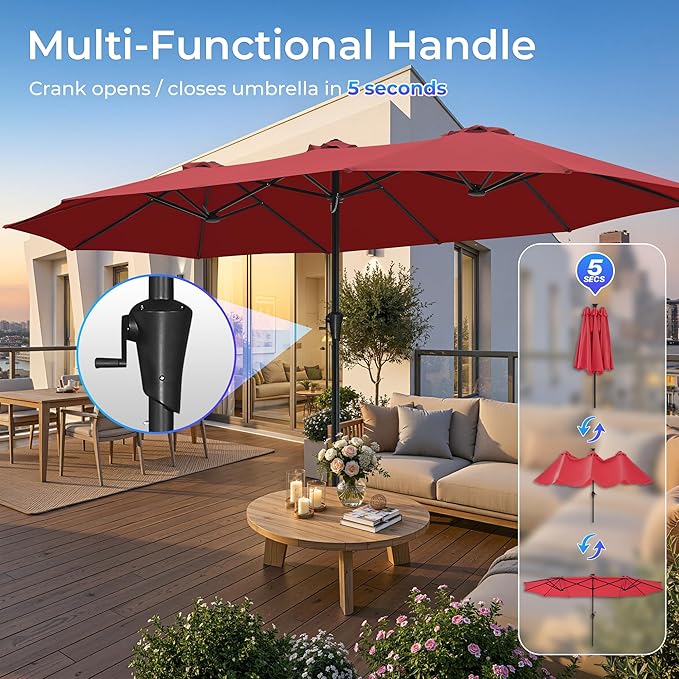 SUPERJARE 15FT Outdoor Umbrella for Patio, Double sided Pool Umbrellas with Fade Resistant Canopy, Large Table Umbrella for Deck, Market, Backyard - Burgundy(No Base)