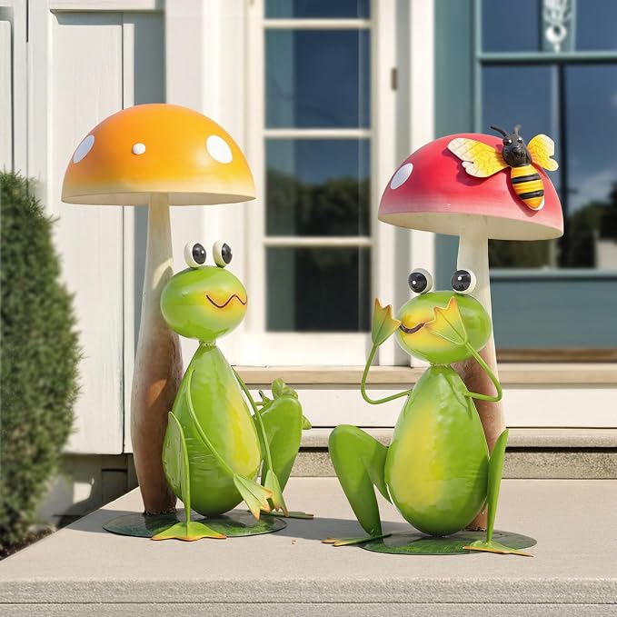 15.3" Large Frog Decor Set of 2, Handcrafted 3D Lifelike Metal Frog with Mushroom Sculpture, Outdoor Yard Art for Garden, Lawn & Home, Ideal Gift for Friends for Birthday Day & Housewarming