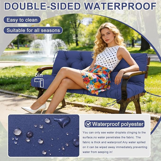 Porch Swing Cushions 40 inch Waterproof & Fade Resistant Thicken 5" Outdoor Swing Cushions 2 Seater Replacement with Backrest & Ties Patio Swing Cushions for Outdoor Furniture (Navy Blue)