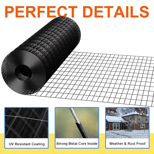 Welded Wire Fence 24inx25ft, 16GA, Mesh Size 2" x 3" Black Hardware Cloth, Chicken Wire Fence, PVC Coated Garden Border Fencing, Vinyl Coating Metal Wire Mesh for Yard, Dog Vegetable, Plant