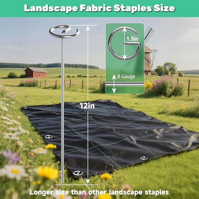 12 Inch 8 Gauge Circle Top Landscape Fabric Staples, HKKZYT 100 Pcs Galvanized Landscape Fabric Pins, Gardening Essentials Garden Weed Barrier Stakes Sod Staples for Outdoor
