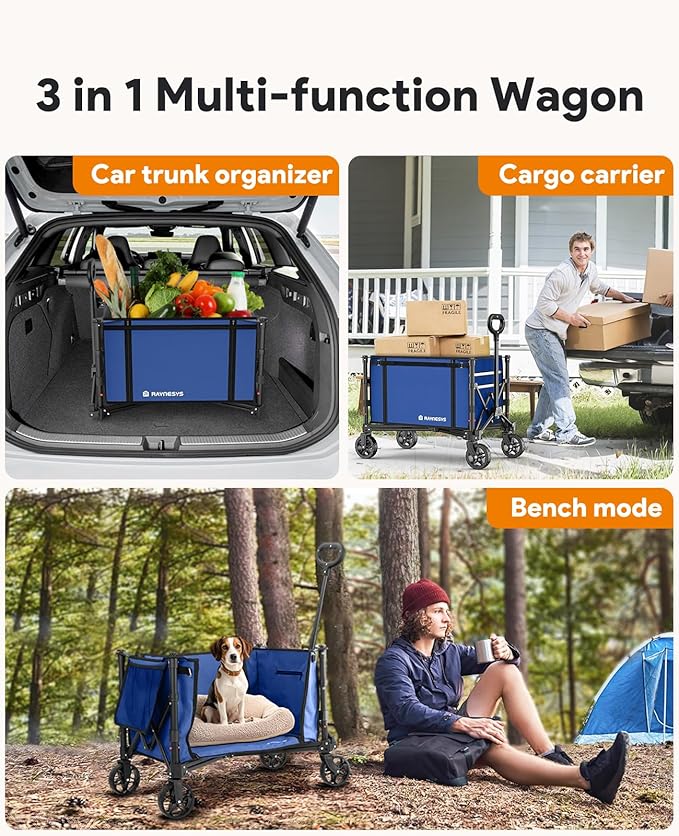 Raynesys Collapsible Wagon Cart with Wheels 220lbs Foldable Wagon 120L Shopping Cart for Groceries Folding Utility Wagon for Beach, Garden, Camping, Sport, Wheelbarrows, Indigo