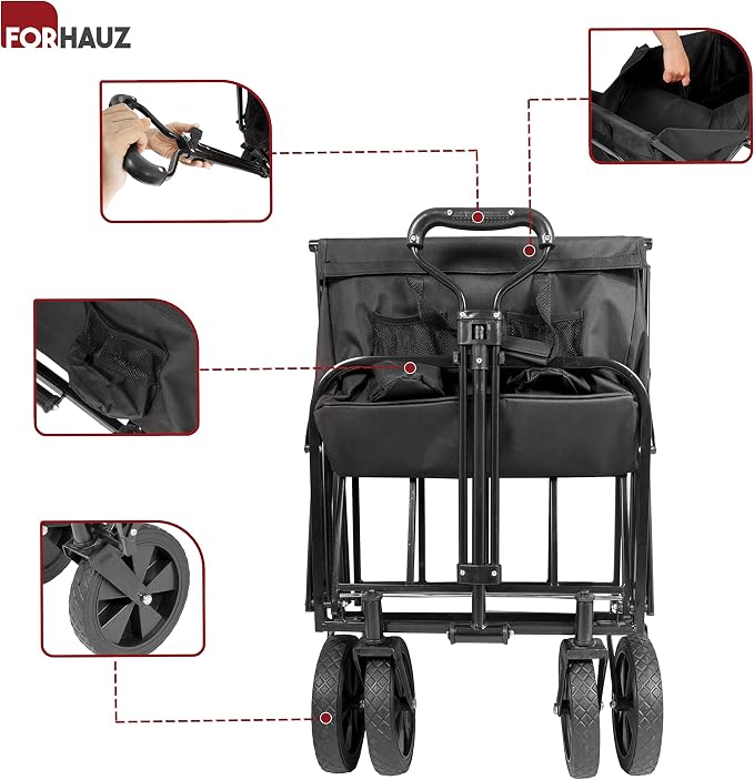 ForHauz Folding Collapsible Heavy Duty Wagon Cart with All-Terrain Wheels for Outdoor Utility, Beach and Garden, Black