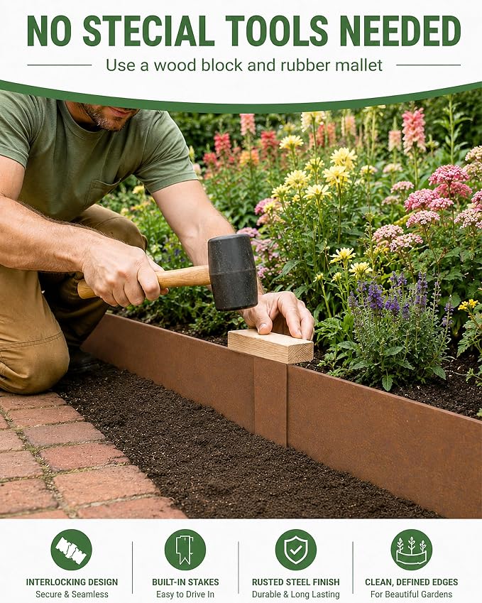 20ft Pre Rusted Cor Ten Steel Landscape Edging 8 in Low Profile Metal Garden Border No Dig Hammer in Lawn Edging Kit with 6 Panels 6 Clamps for Flower Bed Yard Pathway