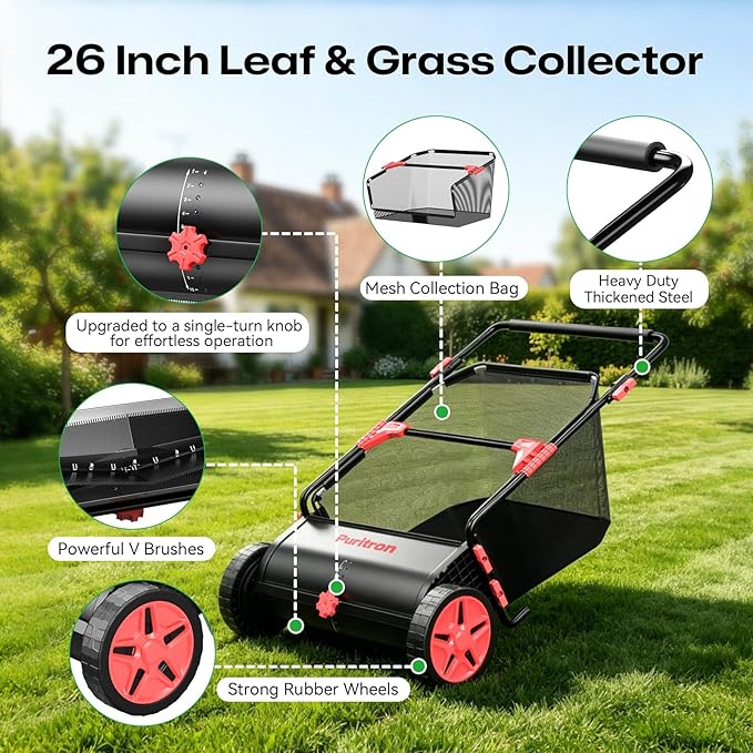 Push Lawn Sweeper, 26 Inch Leaf & Grass Collector, Strong Rubber Wheels & Heavy Duty Thickened Steel Durable to Use with Large Capacity 7 ft³ Mesh Collection Bag, 4 Spinning Brushes